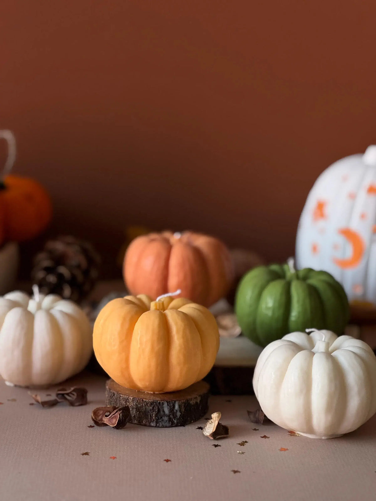 Detail of pumpkin soy wax candle showing texture