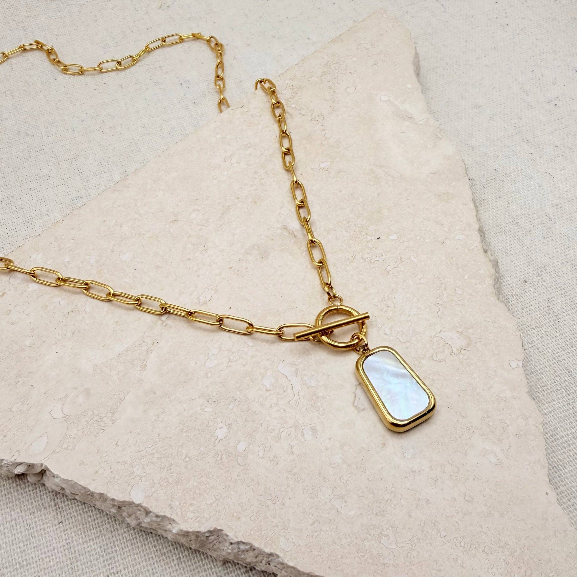 Detail of the T-bar clasp on Mother of Pearl necklace