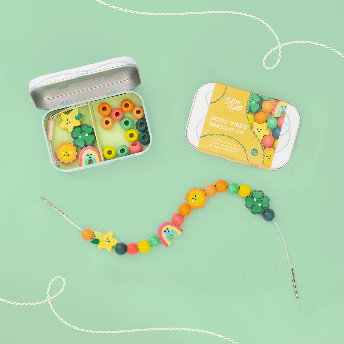 Good Vibes wooden bracelet craft kit in reusable gift tin