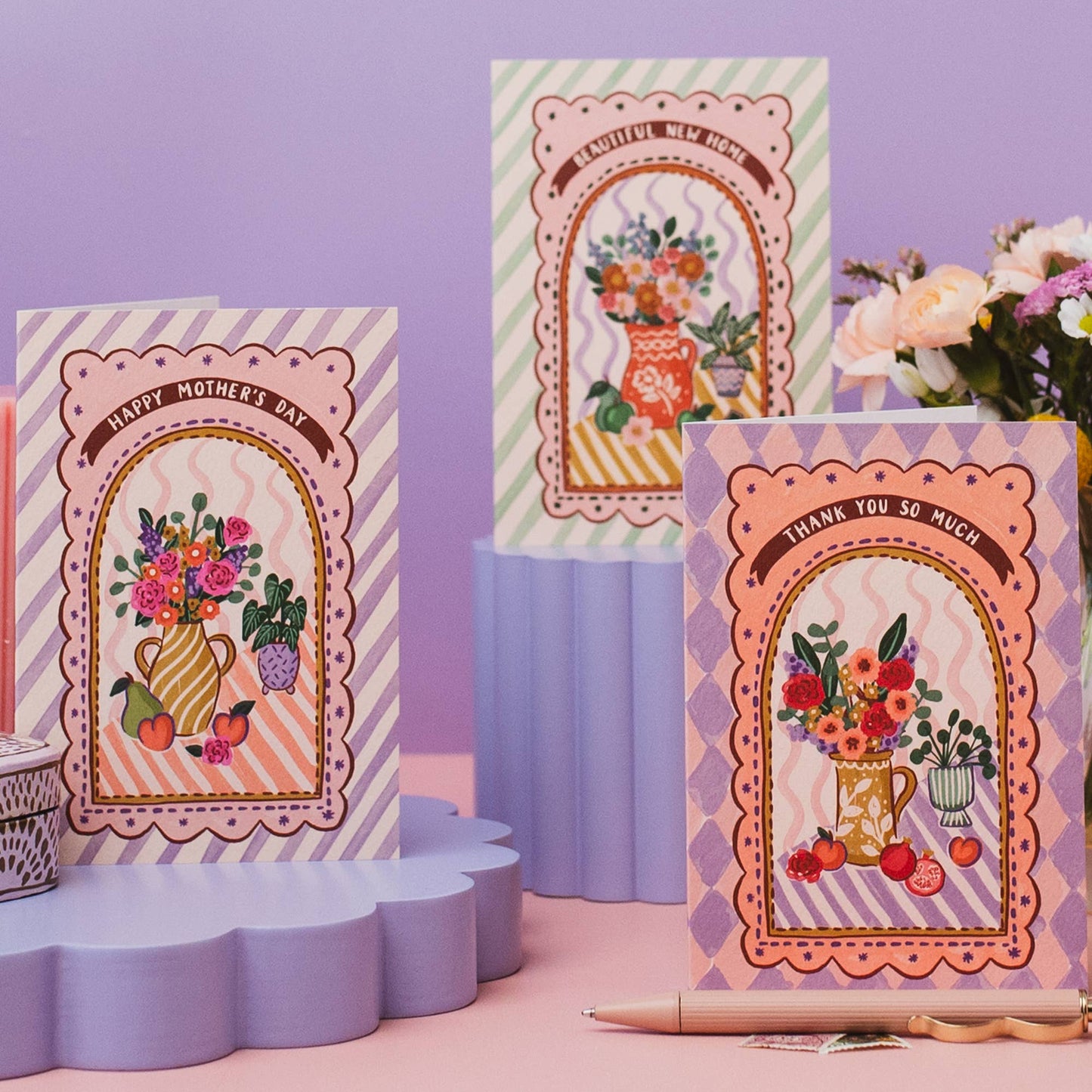 Close-up of vibrant folk art jug with flowers and peaches on Maximalist Thank You Card