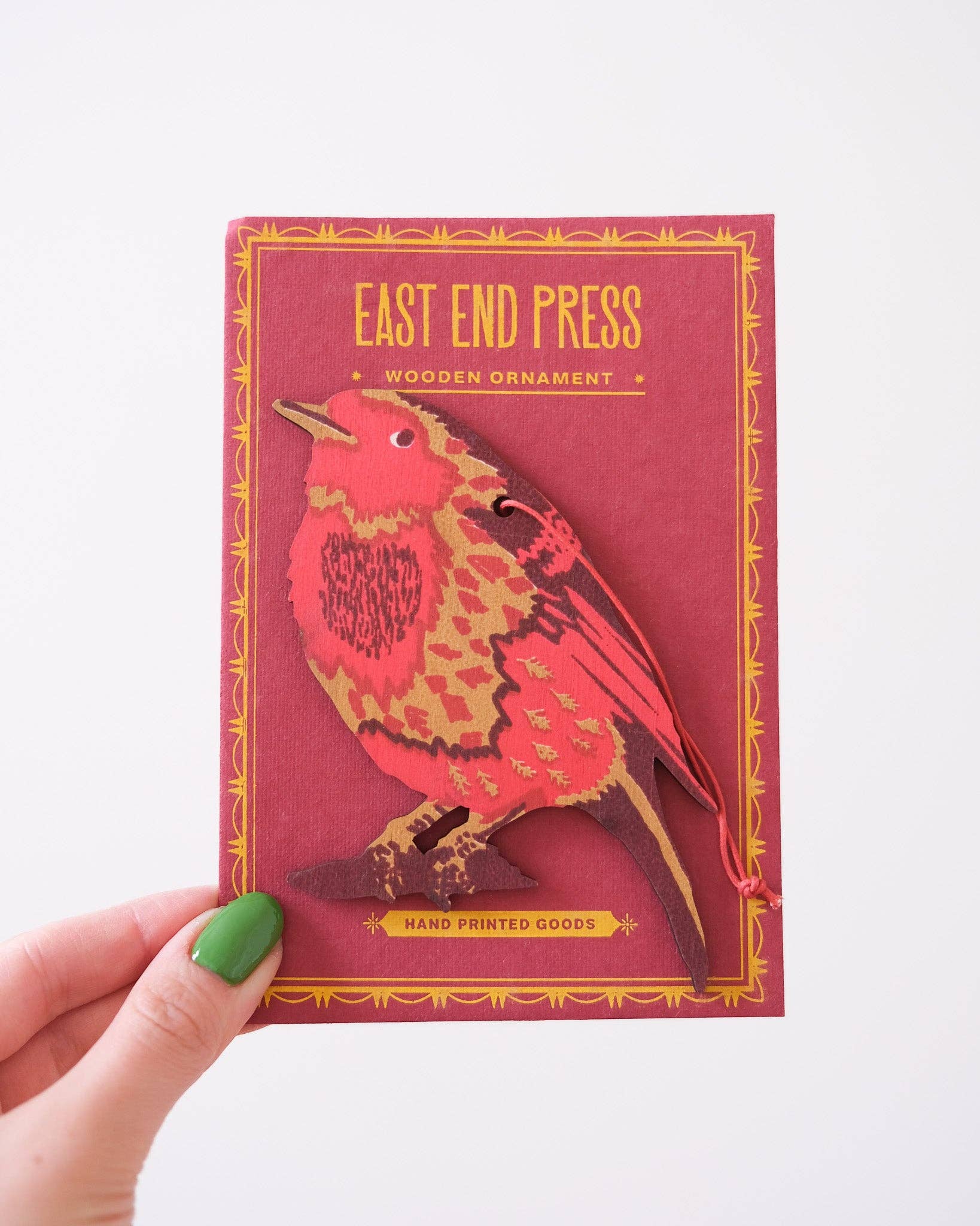 Hand-printed robin wooden hanging ornament,  certified plywood, sustainable Christmas decoration