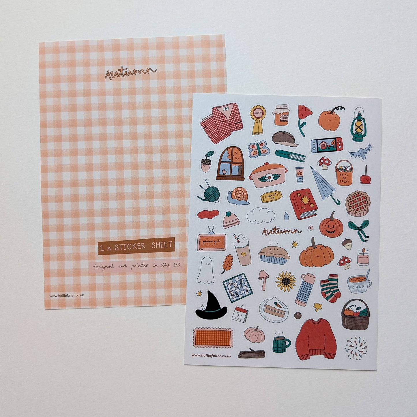 Autumn Sticker Sheet by Holly Fuller – 60+ waterproof vinyl stickers on A5 sheet, UK designed seasonal artwork perfect for scrapbooking, journaling, and eco-friendly crafts.