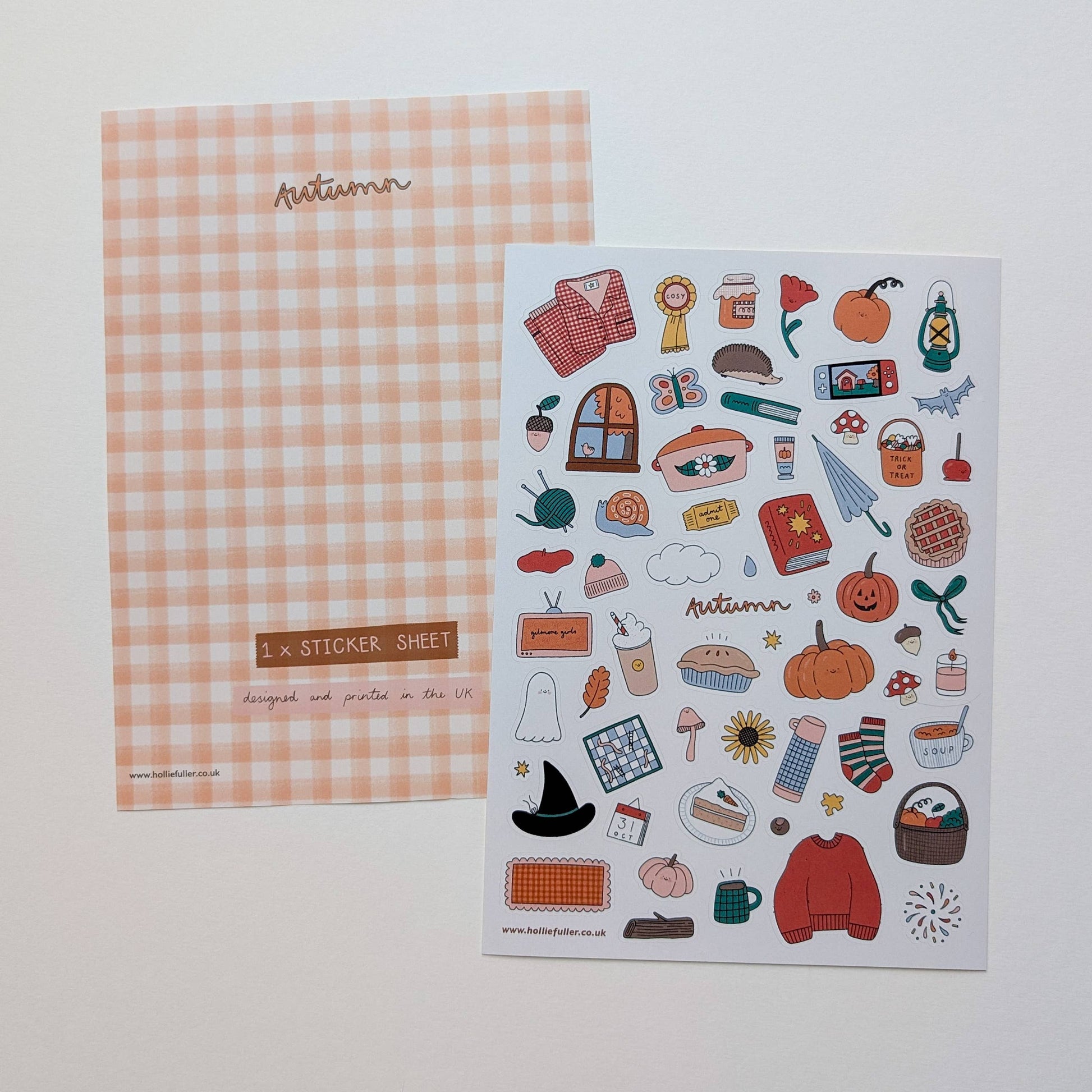 Autumn Sticker Sheet by Holly Fuller – 60+ waterproof vinyl stickers on A5 sheet, UK designed seasonal artwork perfect for scrapbooking, journaling, and eco-friendly crafts.