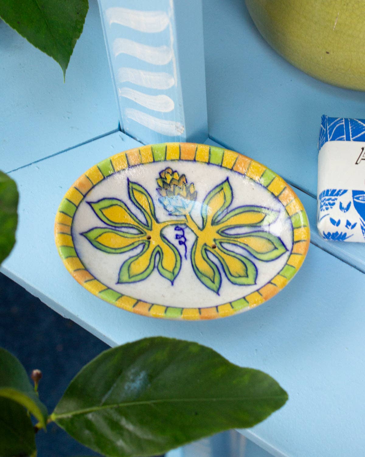 Hand-painted ceramic soap dish with passion flower design