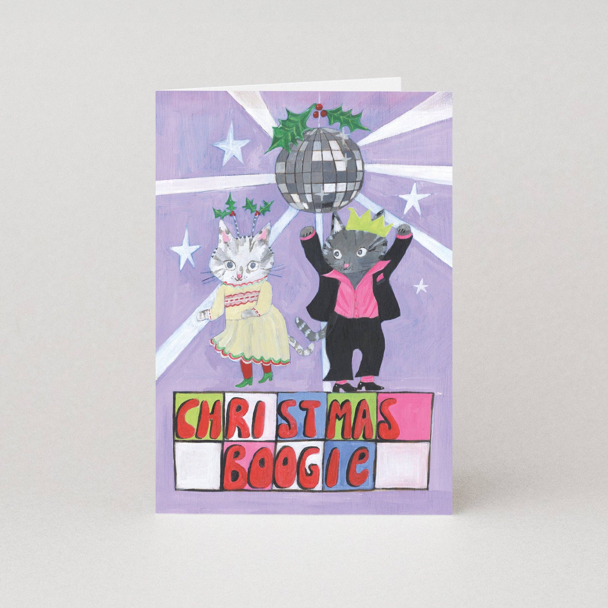 Playful Christmas Boogie Cat Greeting Card by Studio Boketto