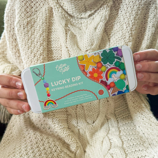 Open Lucky Dip Keyring Making Kit tin with wooden shapes and beads