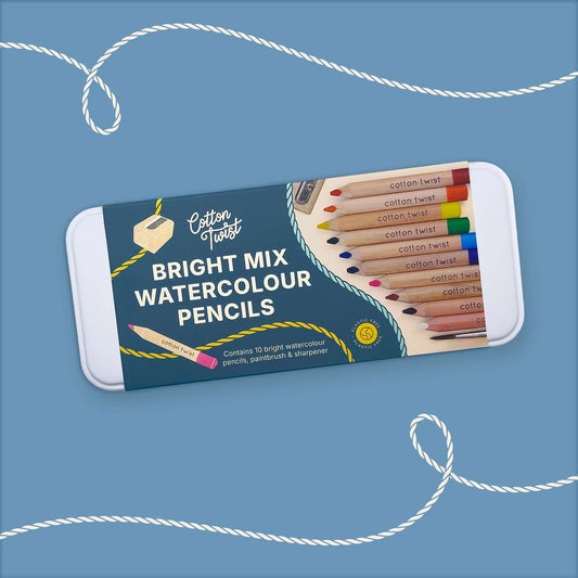 Cotton Twist bright mix watercolour pencils on a blue background in a silver tin. Sustainably made in the UK.
