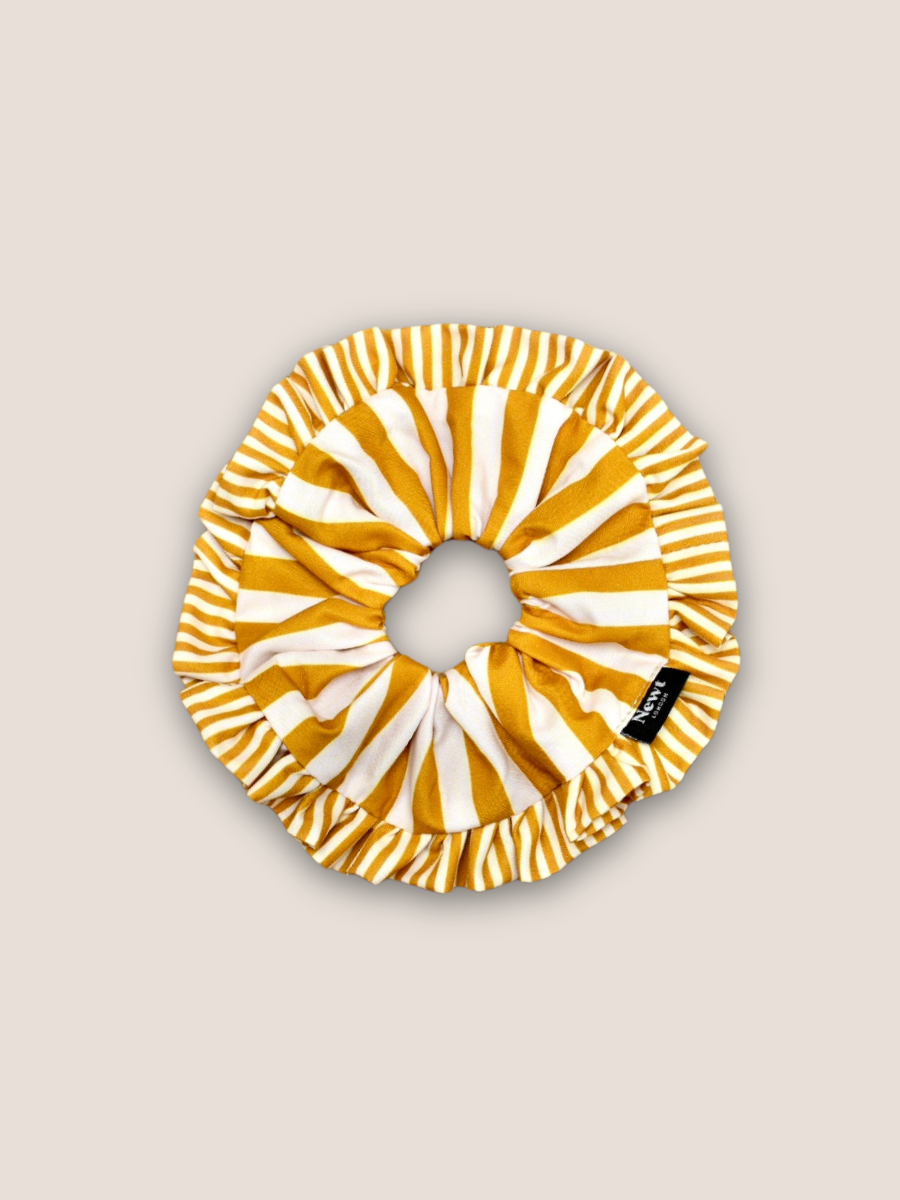 Yellow and white stripe Swirl scrunchie handmade from recycled plastic bottles