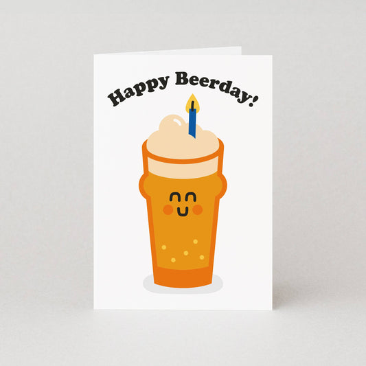 Playful Beer Birthday Card with Happy Beerday illustration