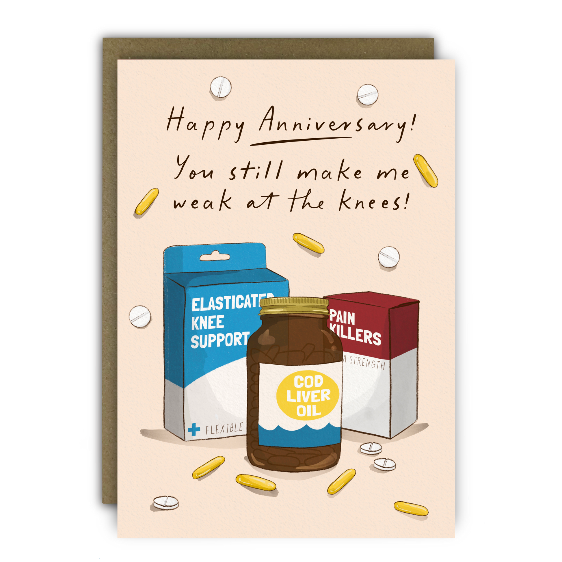 Funny anniversary card featuring a watercolour illustration of knee supports and bandages.