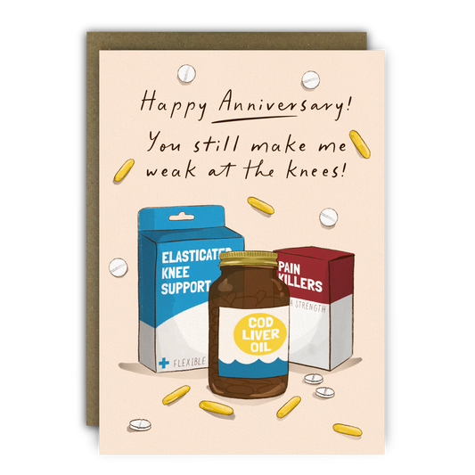 Funny anniversary card featuring a watercolour illustration of knee supports and bandages.