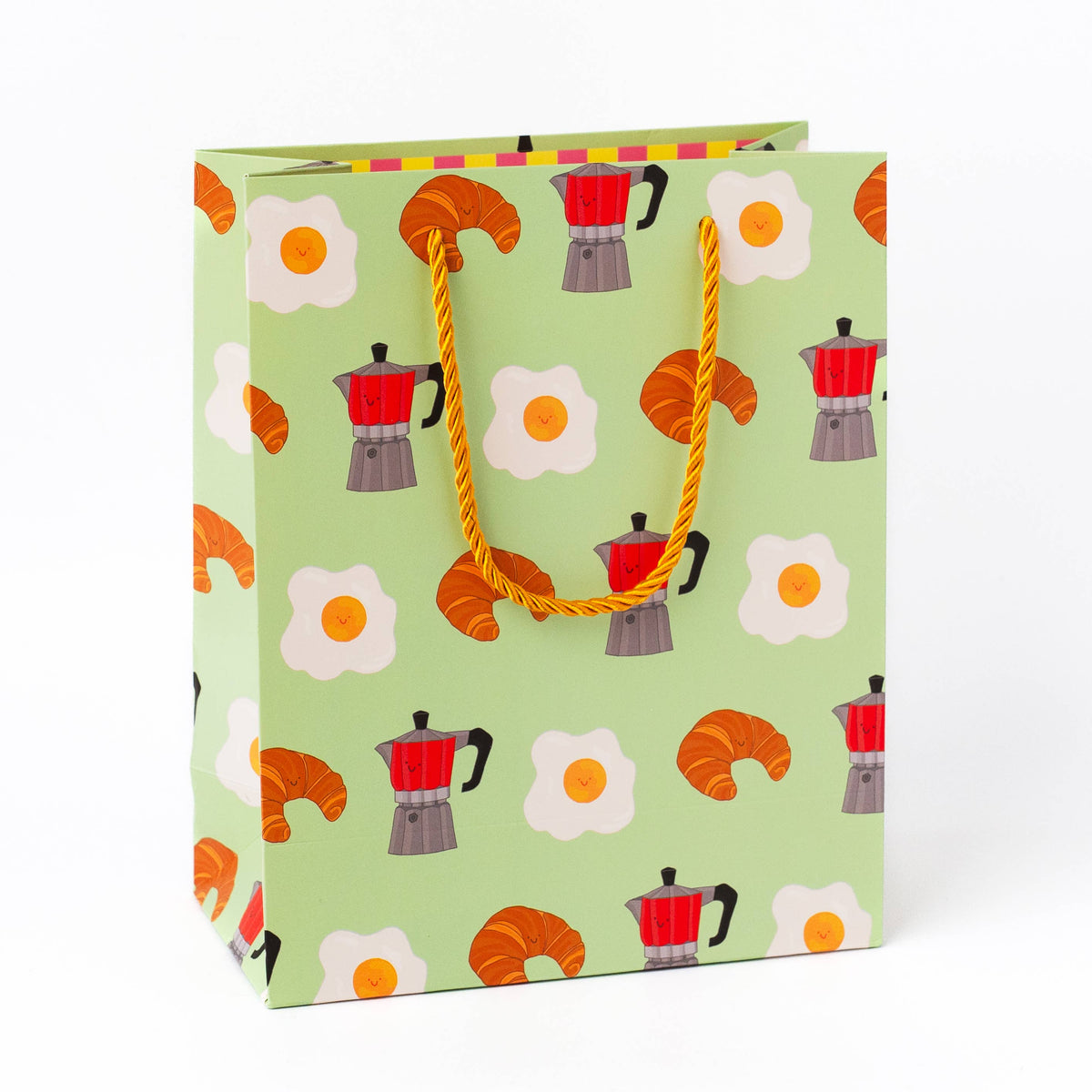 Medium gift bag with hand-drawn coffee, eggs, and croissants pattern
