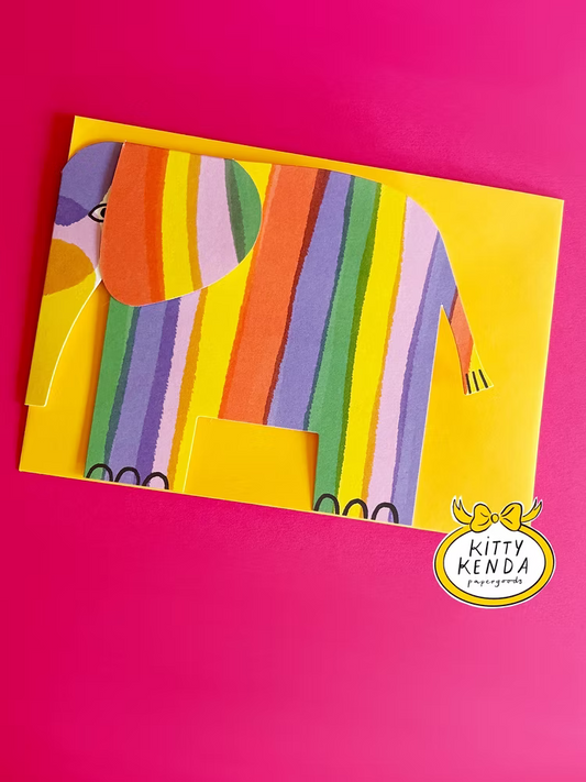 Colourful abstract elephant greeting card with a yellow envelope. Designed and printed in the UK by Kitty Kenda.