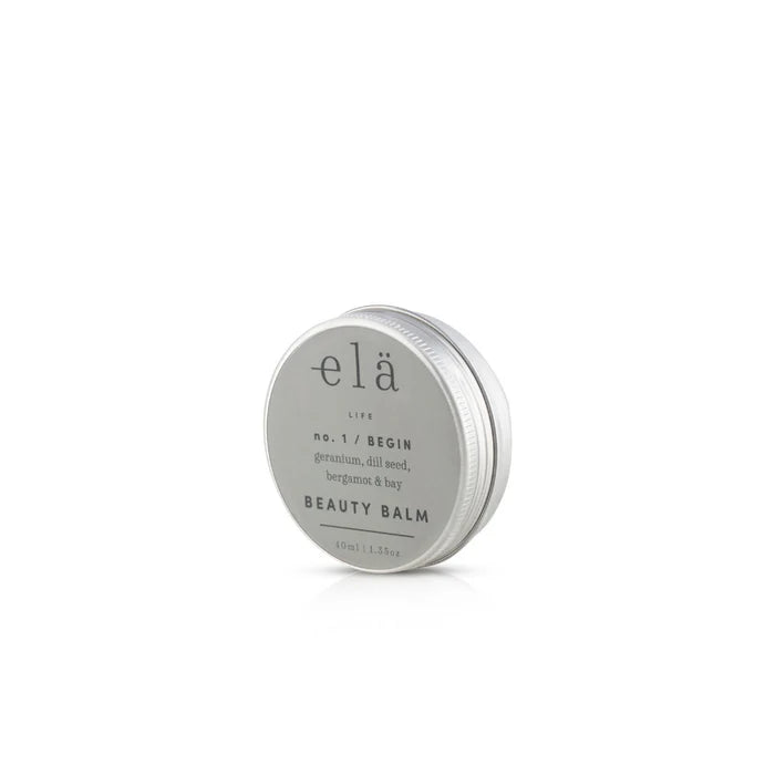 Begin No 1 Beauty Balm by Ela Life. Natural ingredients contained in a recyclable silver tin. Small enough to carry in a bag.