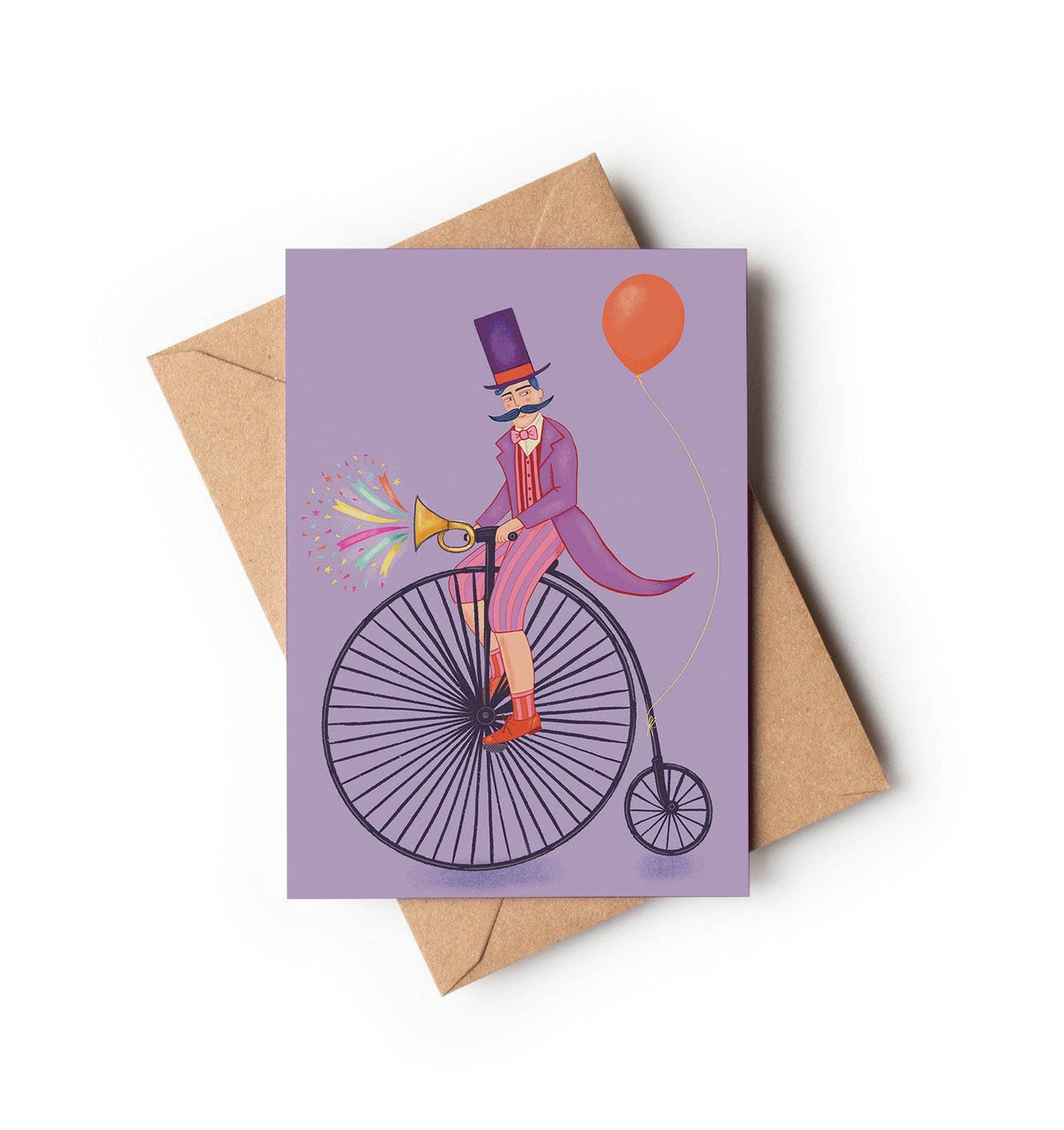 Circus ringmaster on a penny farthing A6 greetings card illustration