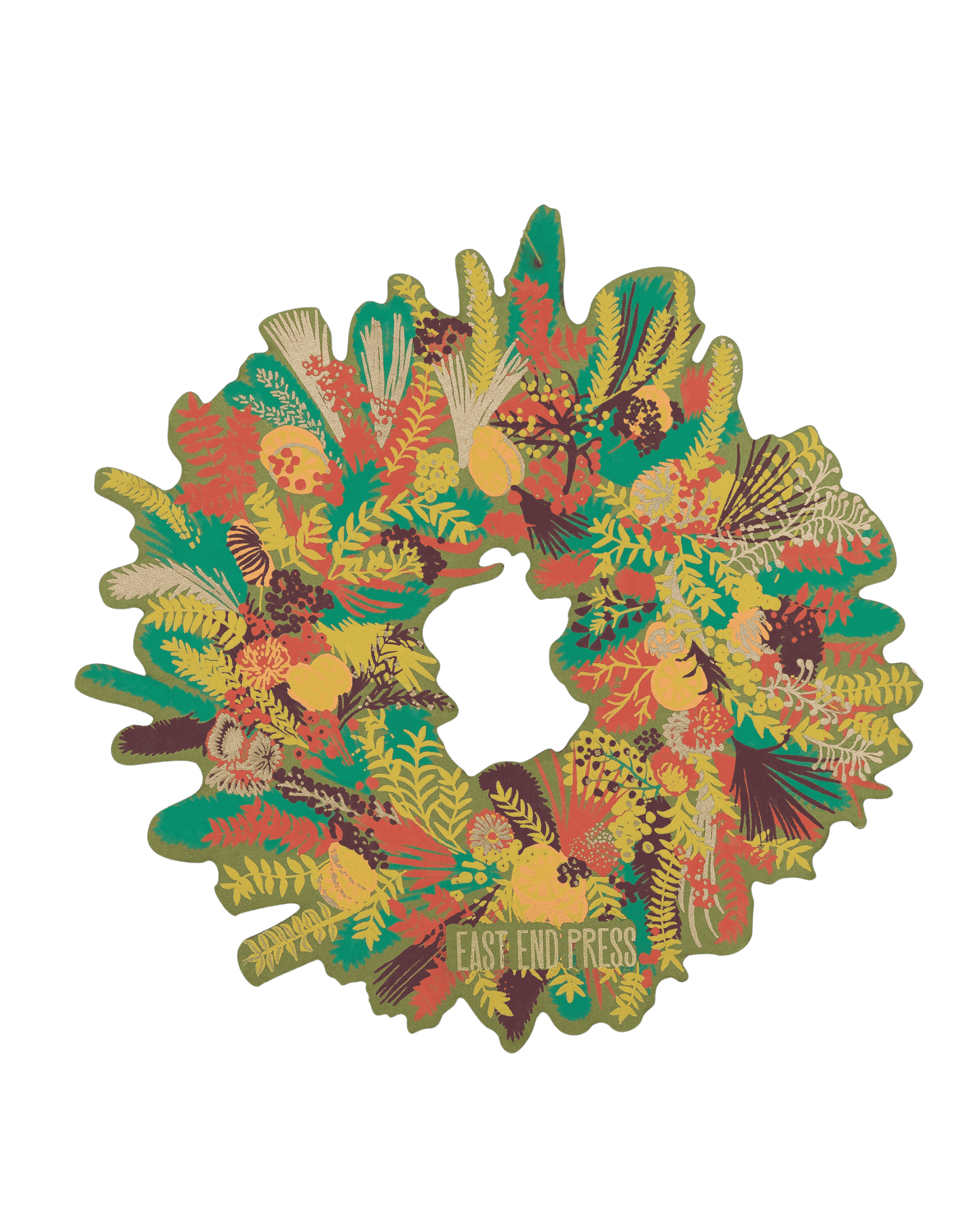 Hand-printed cotton board wreath with winter blooms, sustainable Christmas ornament