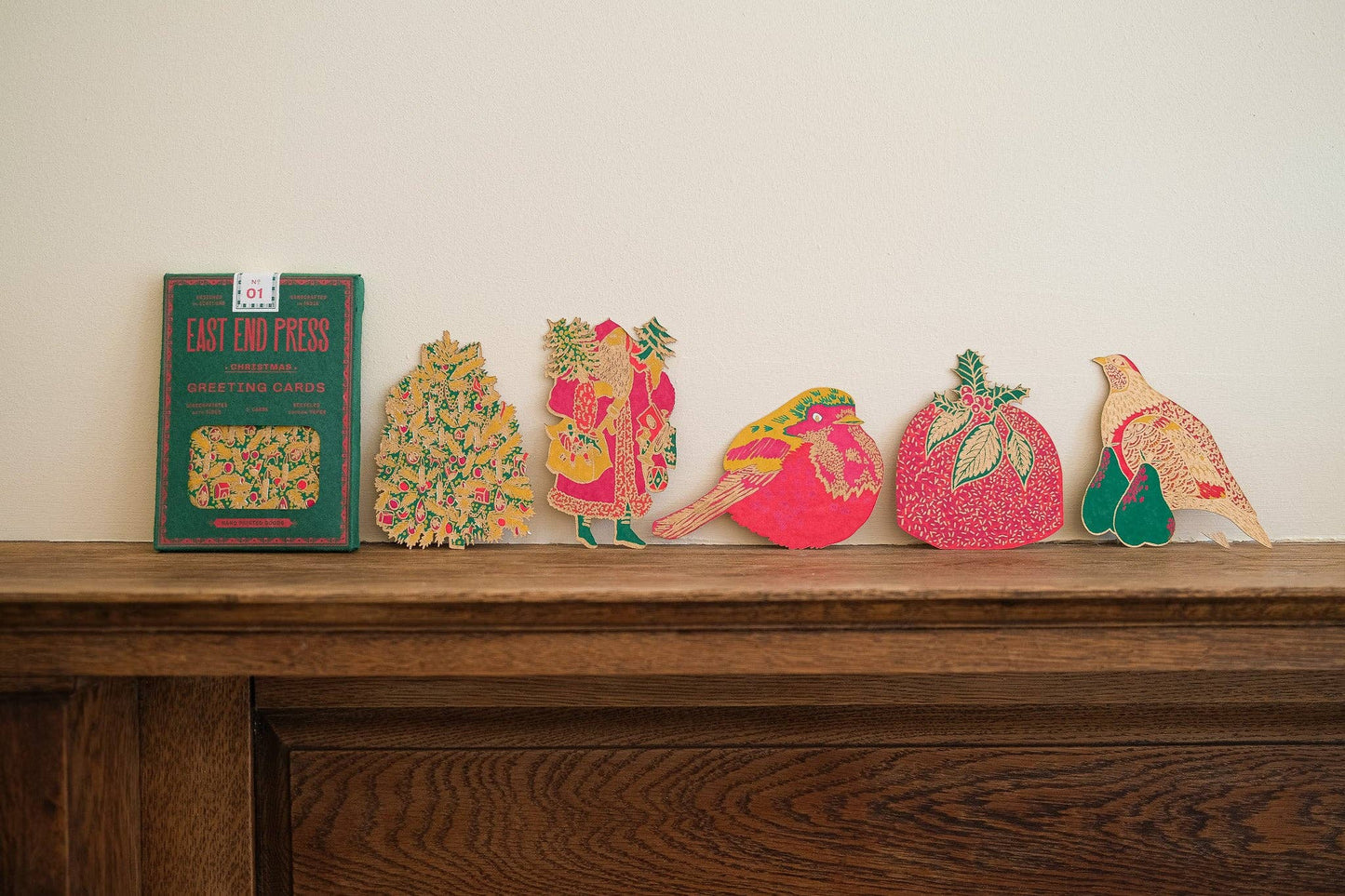 Reverse side of East End Press recycled Christmas card with blank text panel.