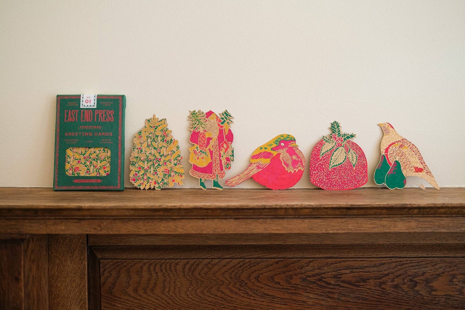 Reverse side of East End Press recycled Christmas card with blank text panel.