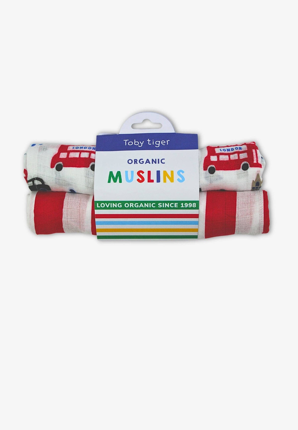 Organic London print 2 pack muslin squares with red stripes and London landmarks