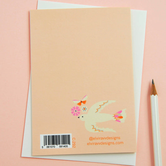 Close up of the sustainably sourced matt finish birthday card with cream envelope