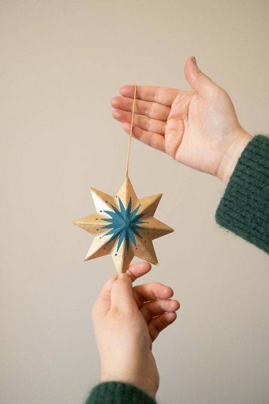 Golden star screen-printed board decoration hanging with cotton loop
