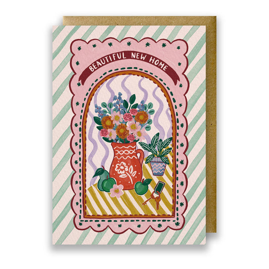 Maximalist Fruit & Flowers New Home Card with 'Beautiful New Home' lettering