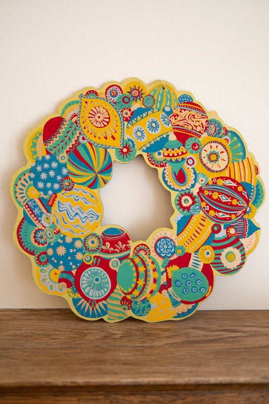 Hand-printed Colourful Bauble Cotton Board Wreath by East End Press with hanging loop, sustainable ornament