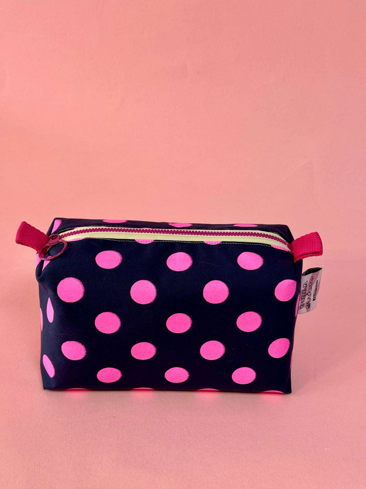 Handmade dry wax cotton cosmetic bag in pink and navy