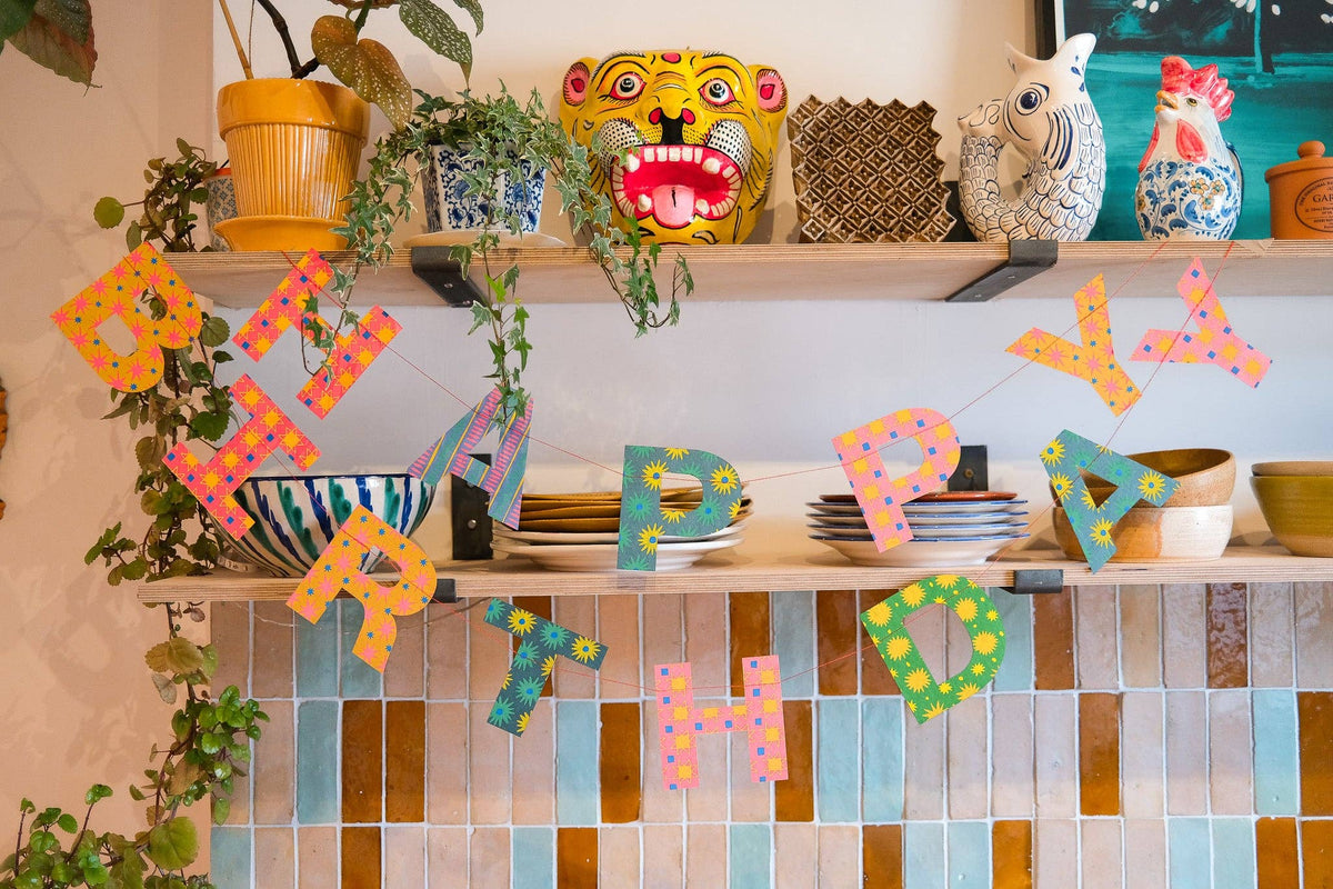 Recycled fabric birthday garland hanging display