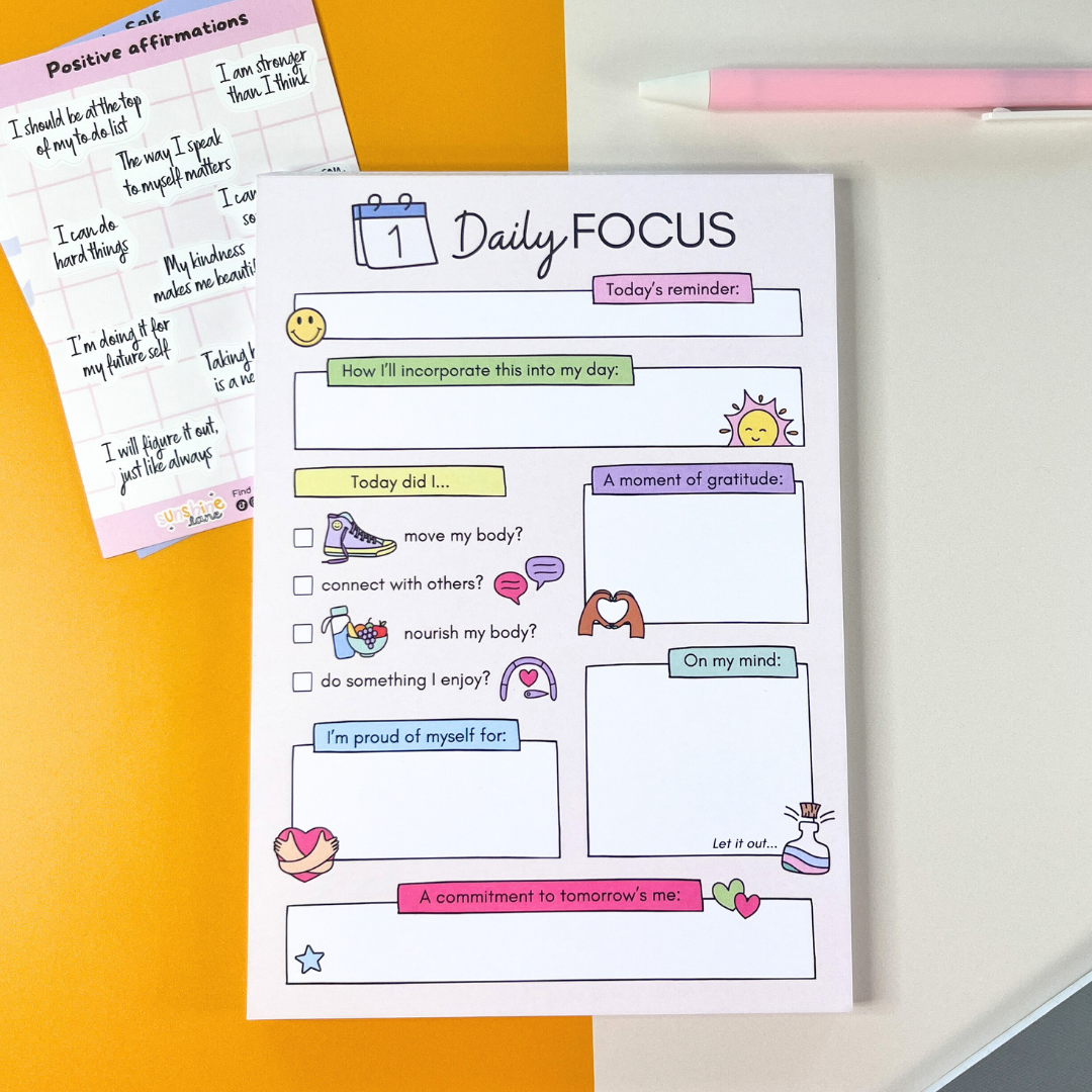 A5 Daily Focus Self-Care Notepad front cover