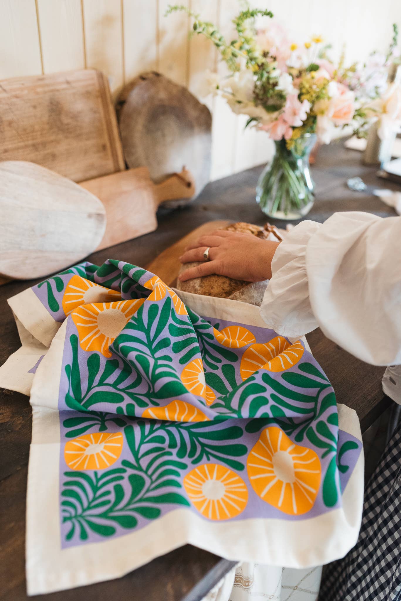 Vine floral design tea towel screenprinted on unbleached natural cotton by Studio Wald, with hanging loop.
