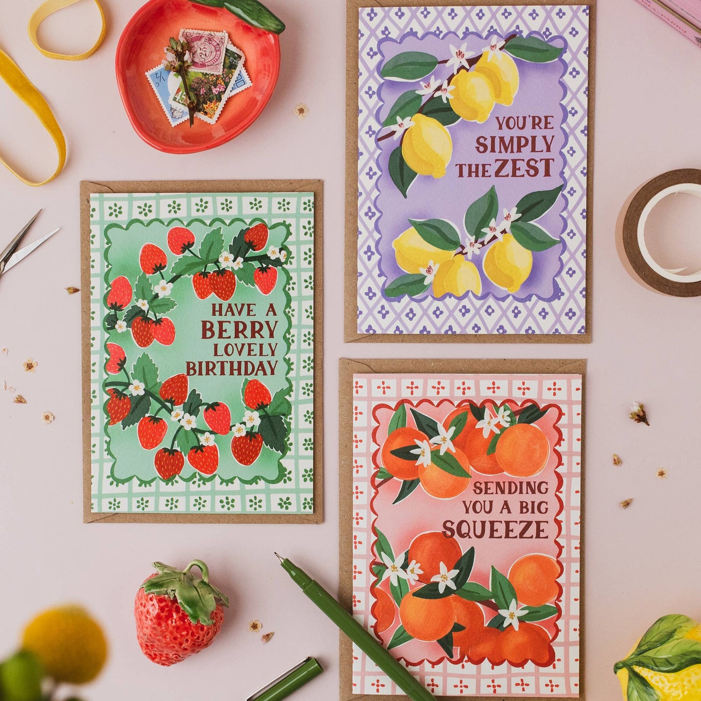 Full view of 'Big Squeeze' orange greeting card with a vibrant orange illustration