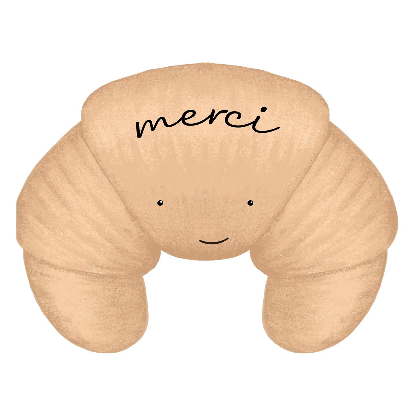 A die-cut greeting card shaped like a croissant with the word Merci written on it