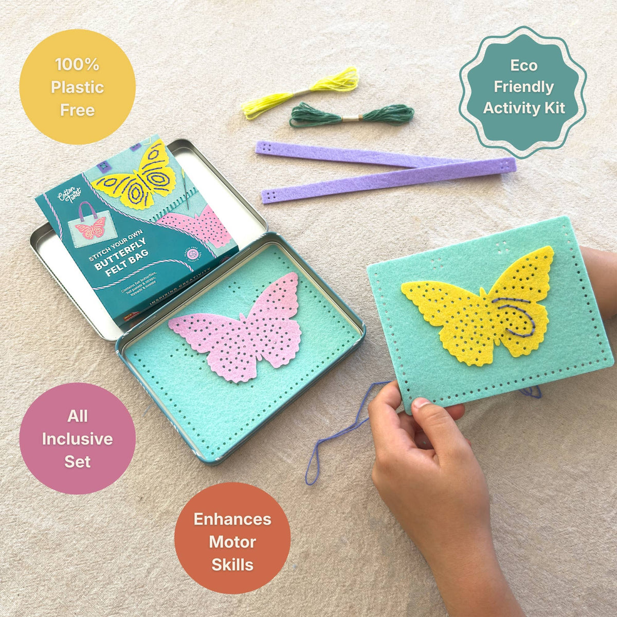 Kids sewing kit components including felt panels, threads, and needle