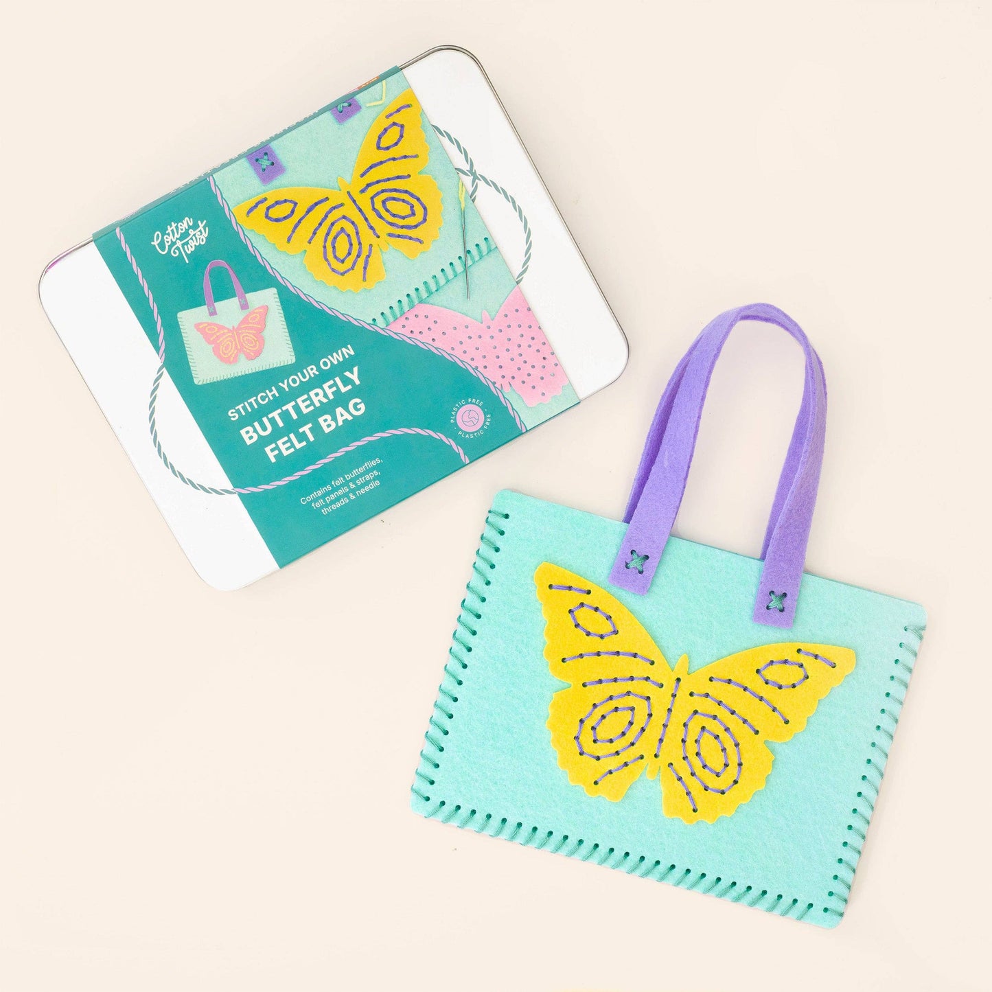 Contents of the stitch your own butterfly felt bag kit laid out