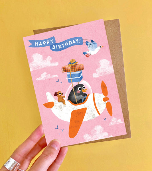 Eco-friendly Penguin Birthday Card with 100% Recycled Kraft Envelope