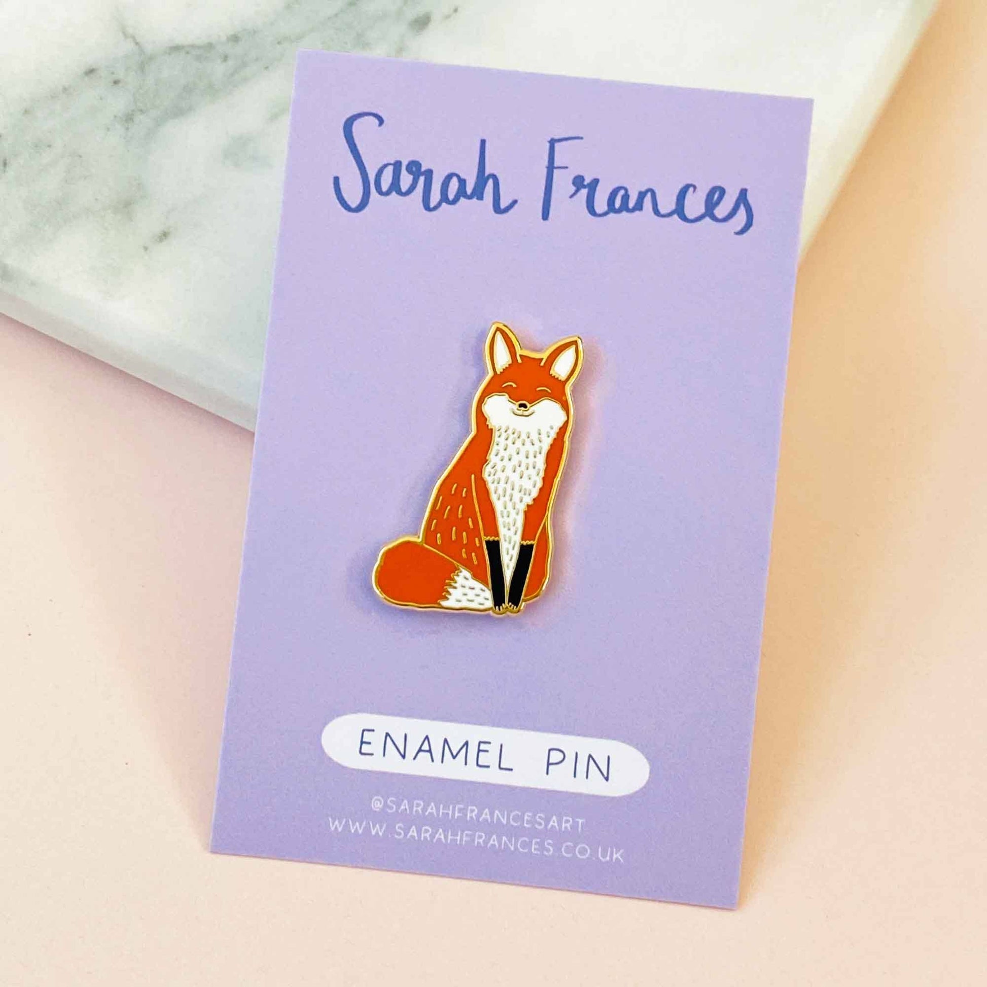 Fox Enamel Pin by Sarah Frances, 1.18 inch hard enamel pin with gold metal and pink rubber clutch back, nature-inspired accessory