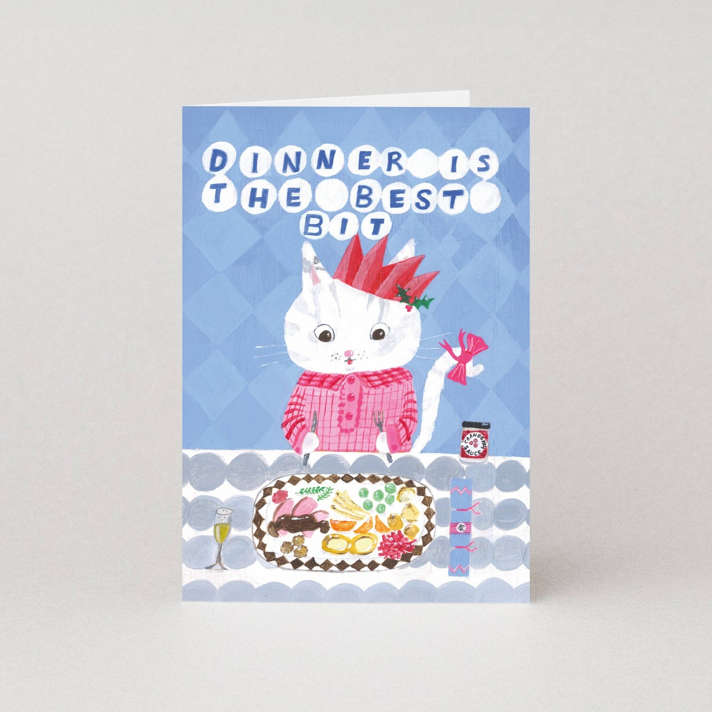 Funny white cat Christmas card with Dinner Is The Best Bit caption