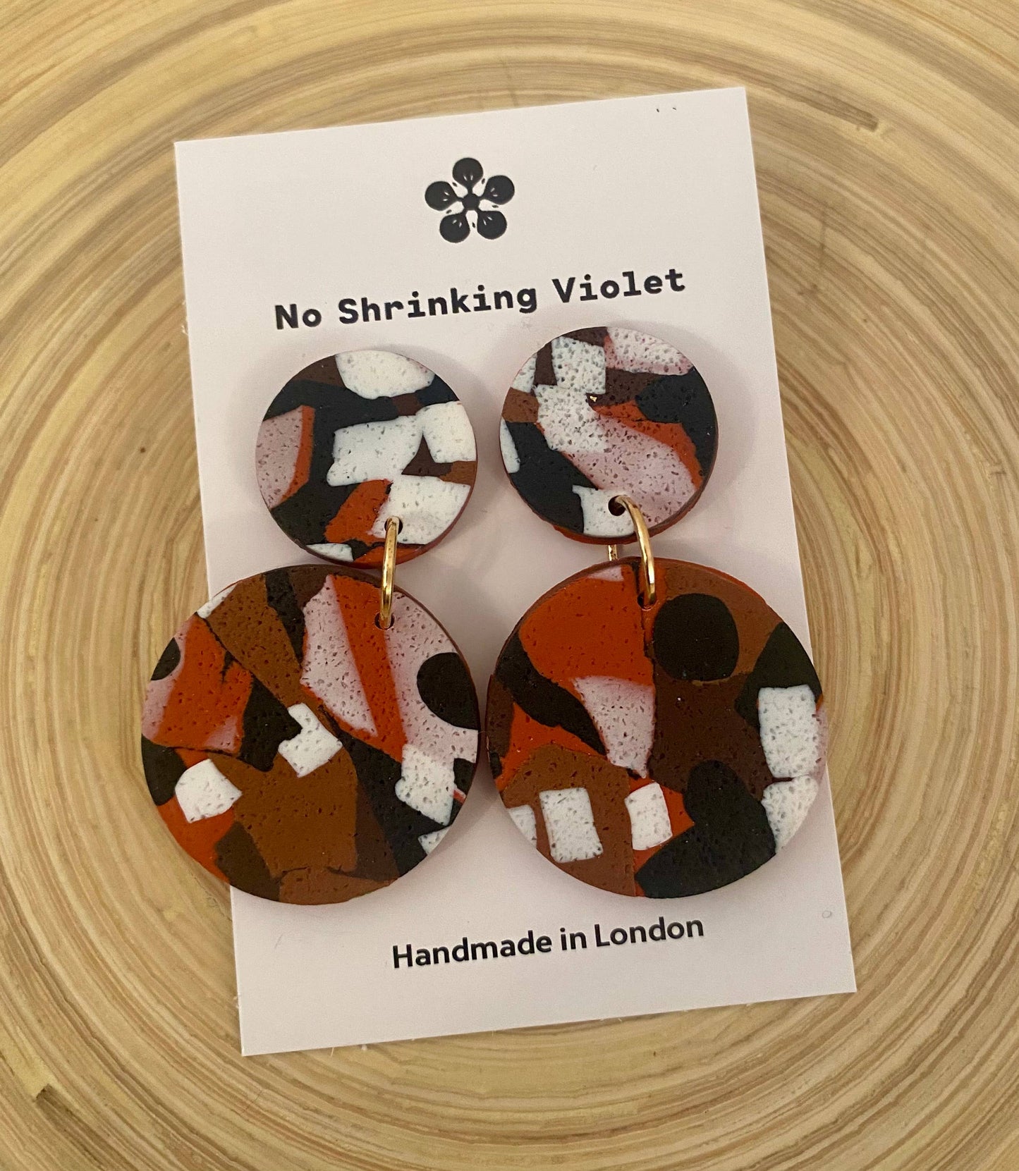 Ngurra Medium Earring, textured polymer clay in earthy brown, black, white, silver-plated nickel-free findings.