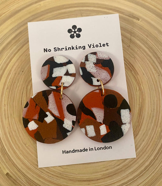 Ngurra Medium Earring, textured polymer clay in earthy brown, black, white, silver-plated nickel-free findings.