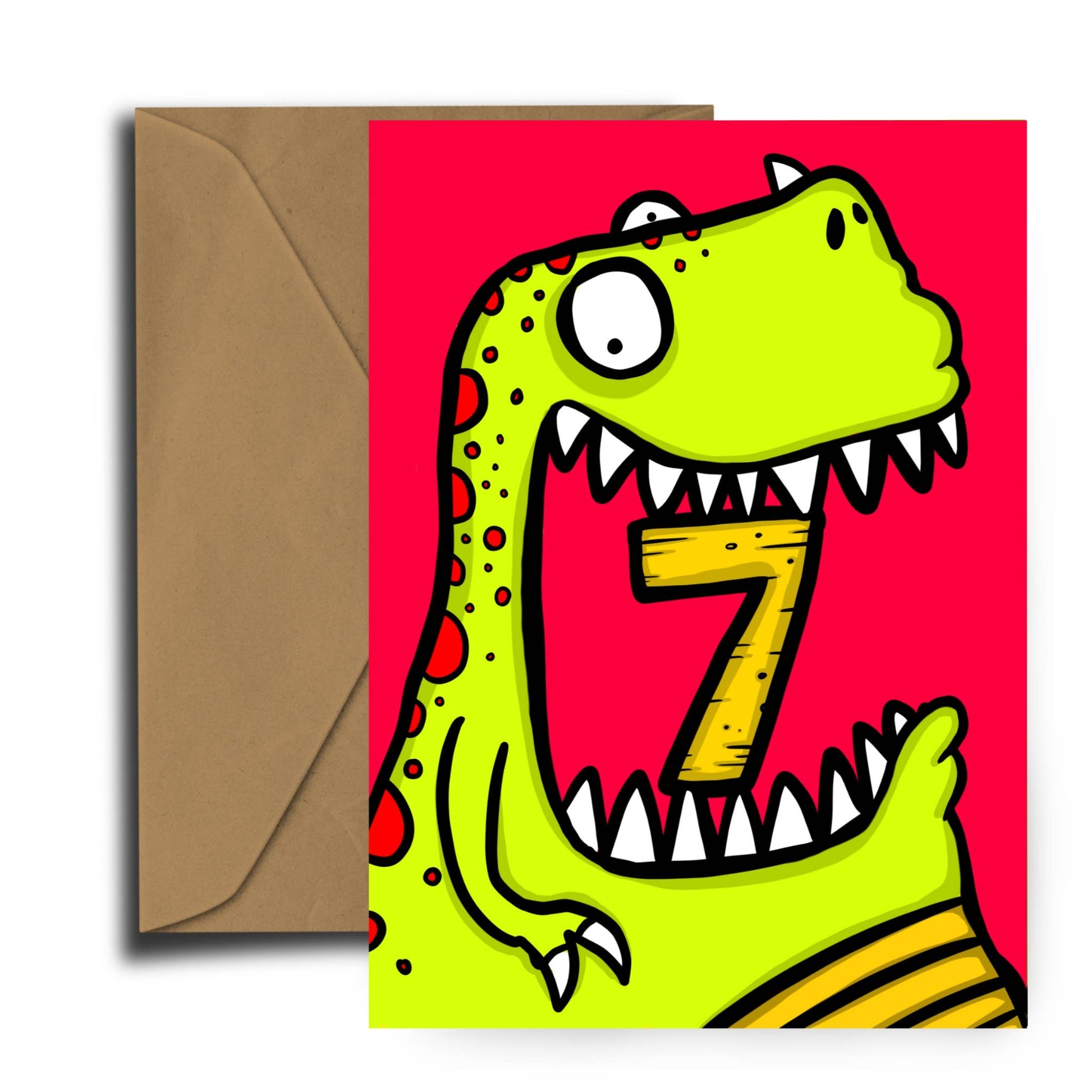 Dinosaur Birthday Number Card Age Seven by Dixon Does Doodles, bright playful dinosaur design on sustainably certified A6 card with recycled kraft envelope