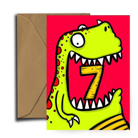 Dinosaur Birthday Number Card Age Seven by Dixon Does Doodles, bright playful dinosaur design on sustainably certified A6 card with recycled kraft envelope