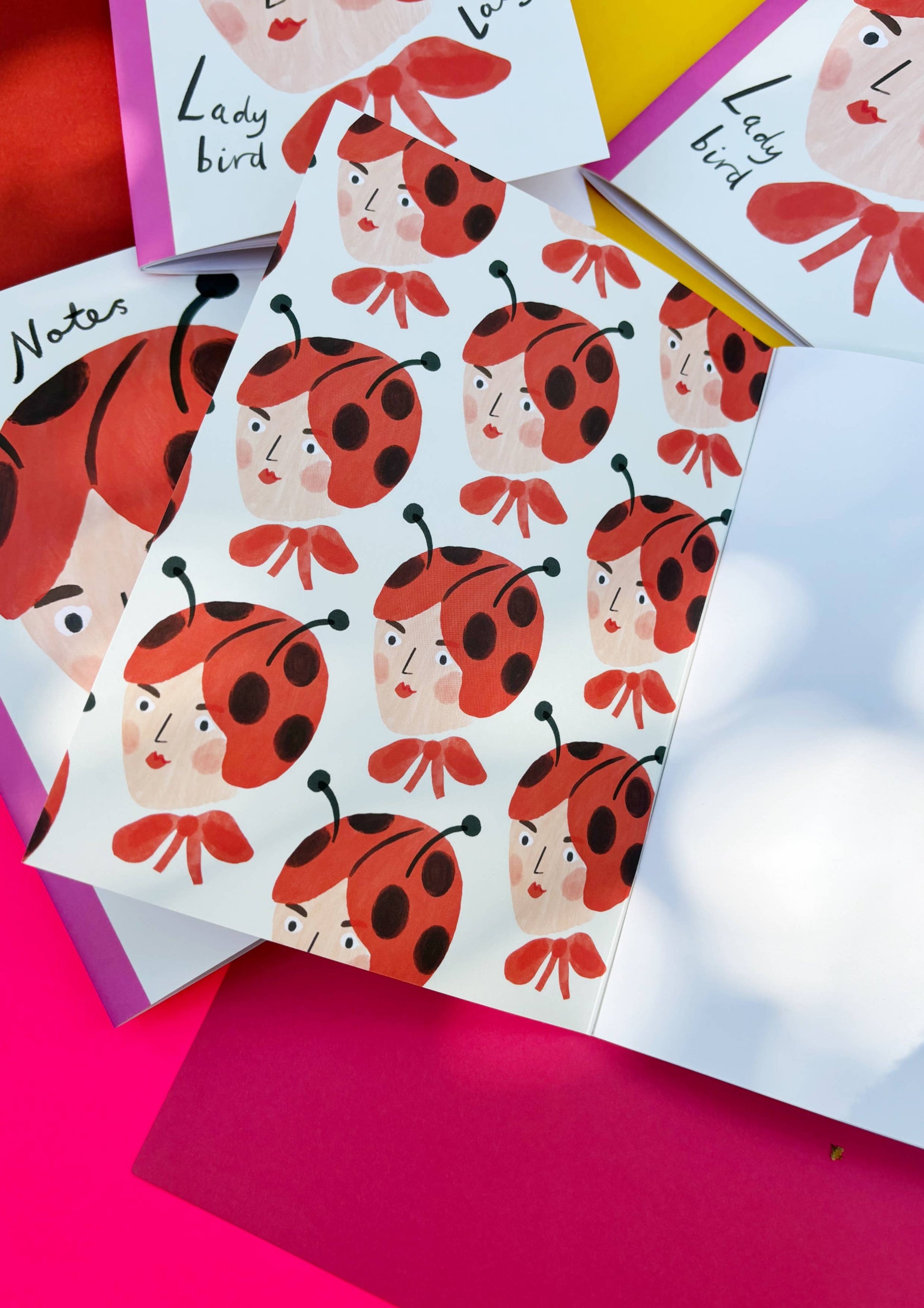 Illustration of a lady's head adorned with a ladybird hat and big red bow. With the words Notes at the top and  Lady bird, Lady across the bottom. The Notebook is bound with a pink edge and has plain paper for notes and sketching. The inside cover is adorned with the illustration from the front cover of the lady dressed as ladybird, multiple times across the cover.