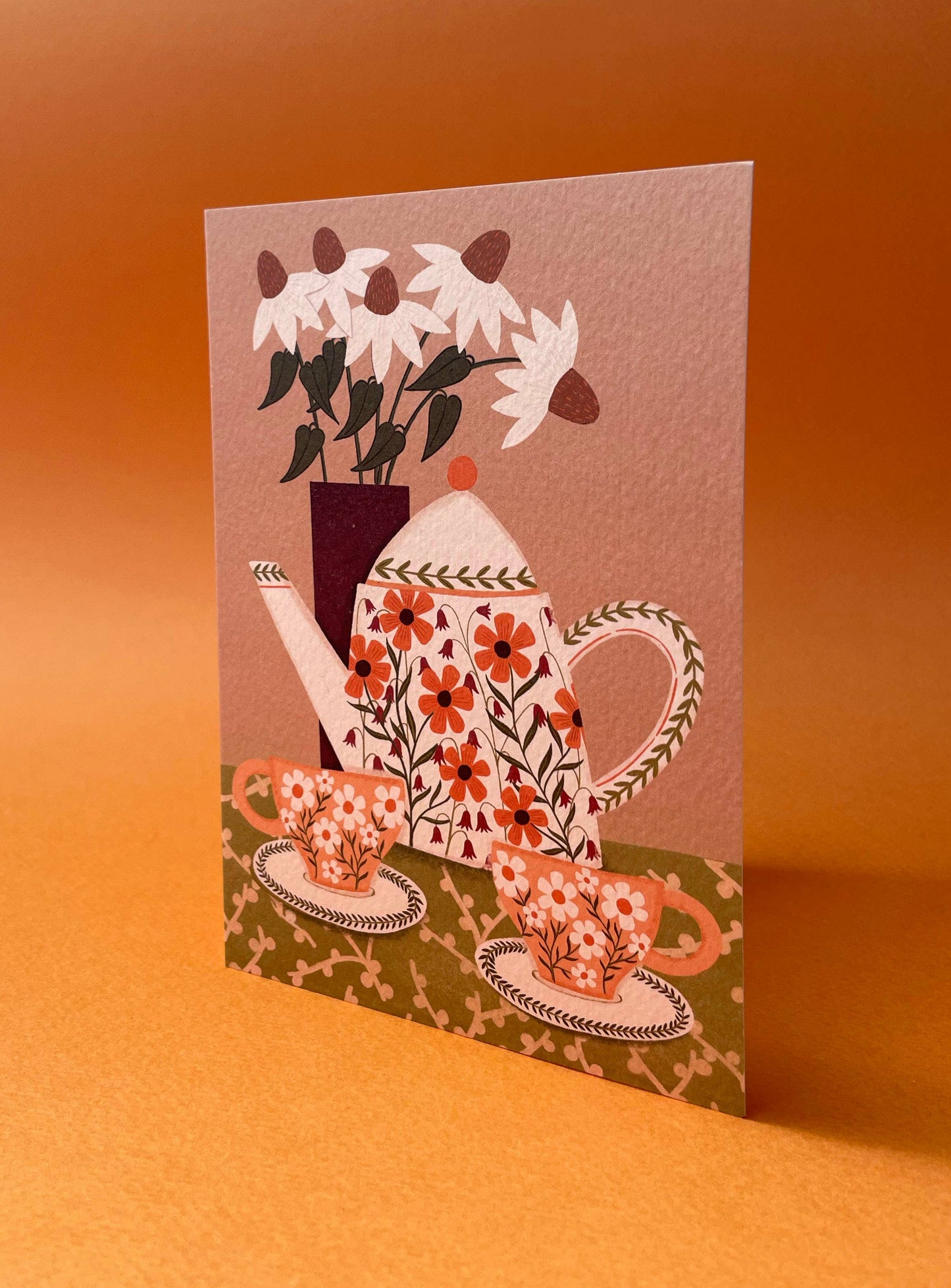 Illustrated autumn flowers and teapot card with eco-friendly kraft envelope