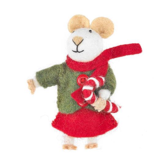 Handmade felt biodegradable Christmas mouse tree hanging by Felt So Good, eco-friendly wool decoration with Christmas outfit and candy cane