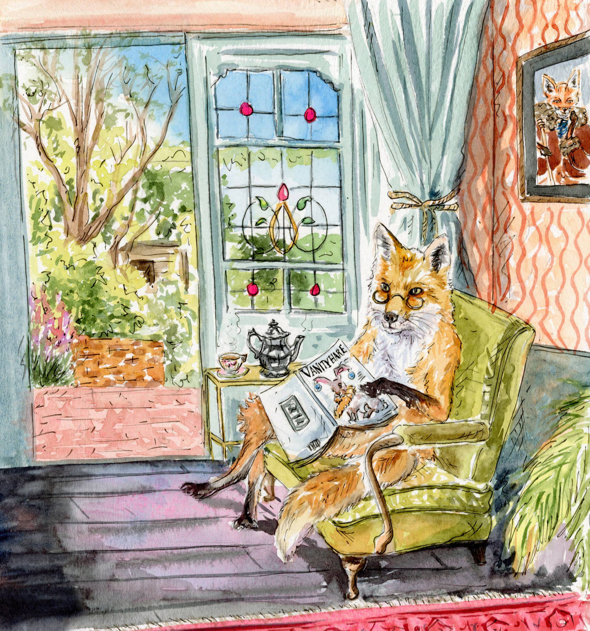 Edwin the fox reading a magazine watercolour greeting card