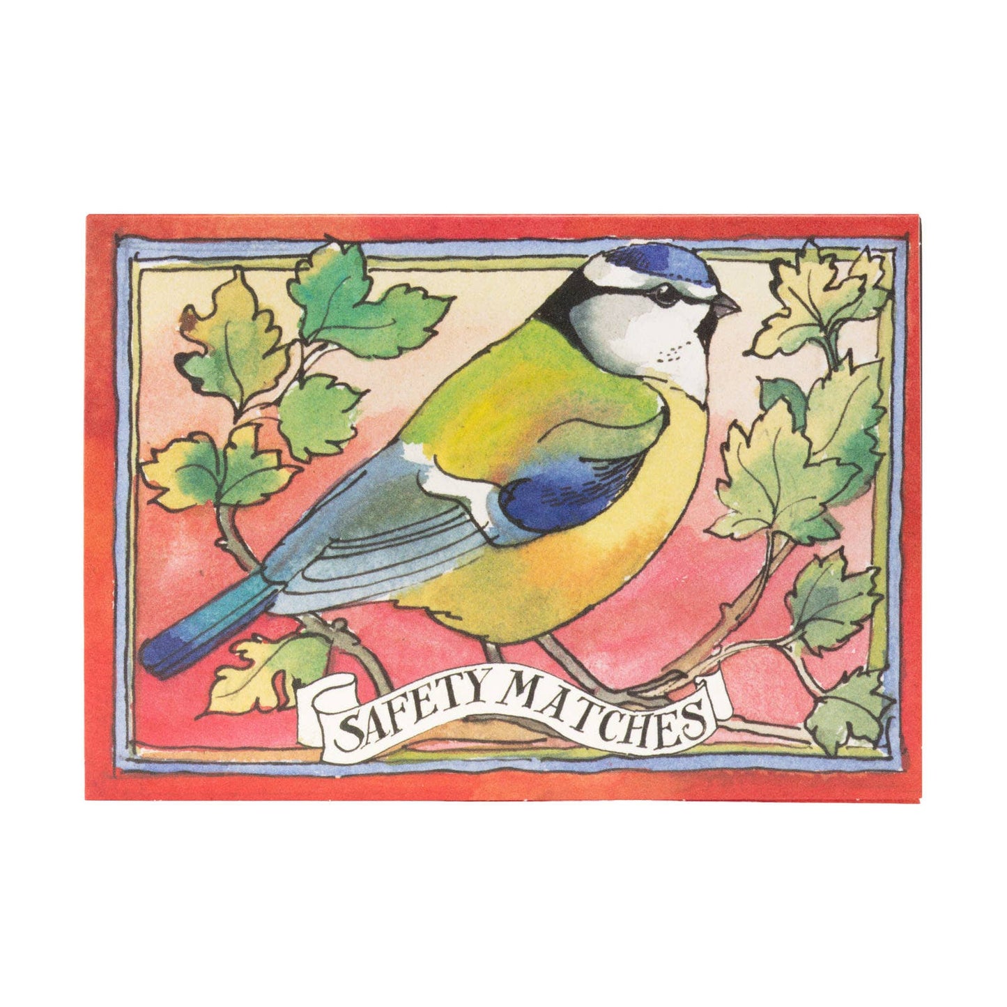 Thick safety matches spilling out of Blue Tits luxury matchbox