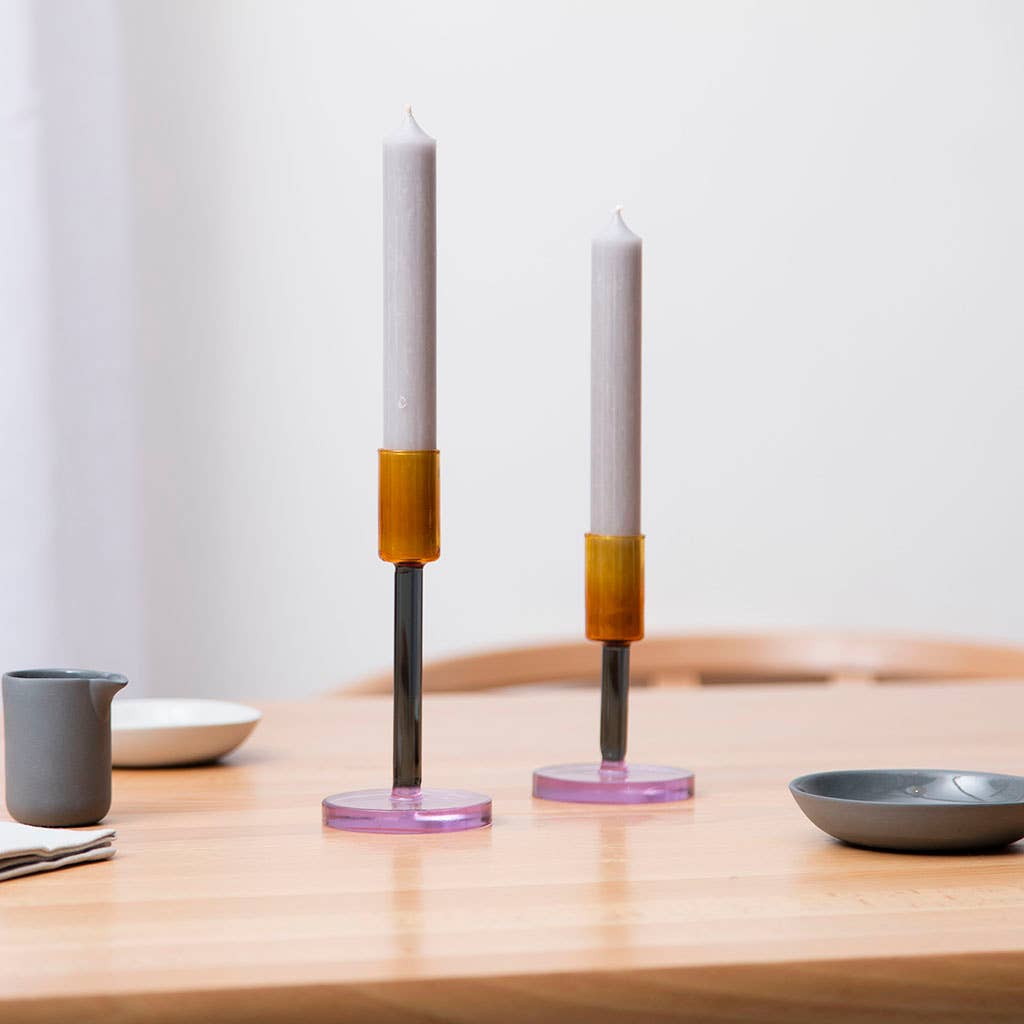 Smoke and amber dual colour borosilicate glass candlestick holder