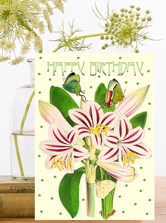 Hand glittered botanical birthday card featuring vintage collage flowers and butterflies, 5x7 inch, with ivory envelope. Sustainable, made in England.