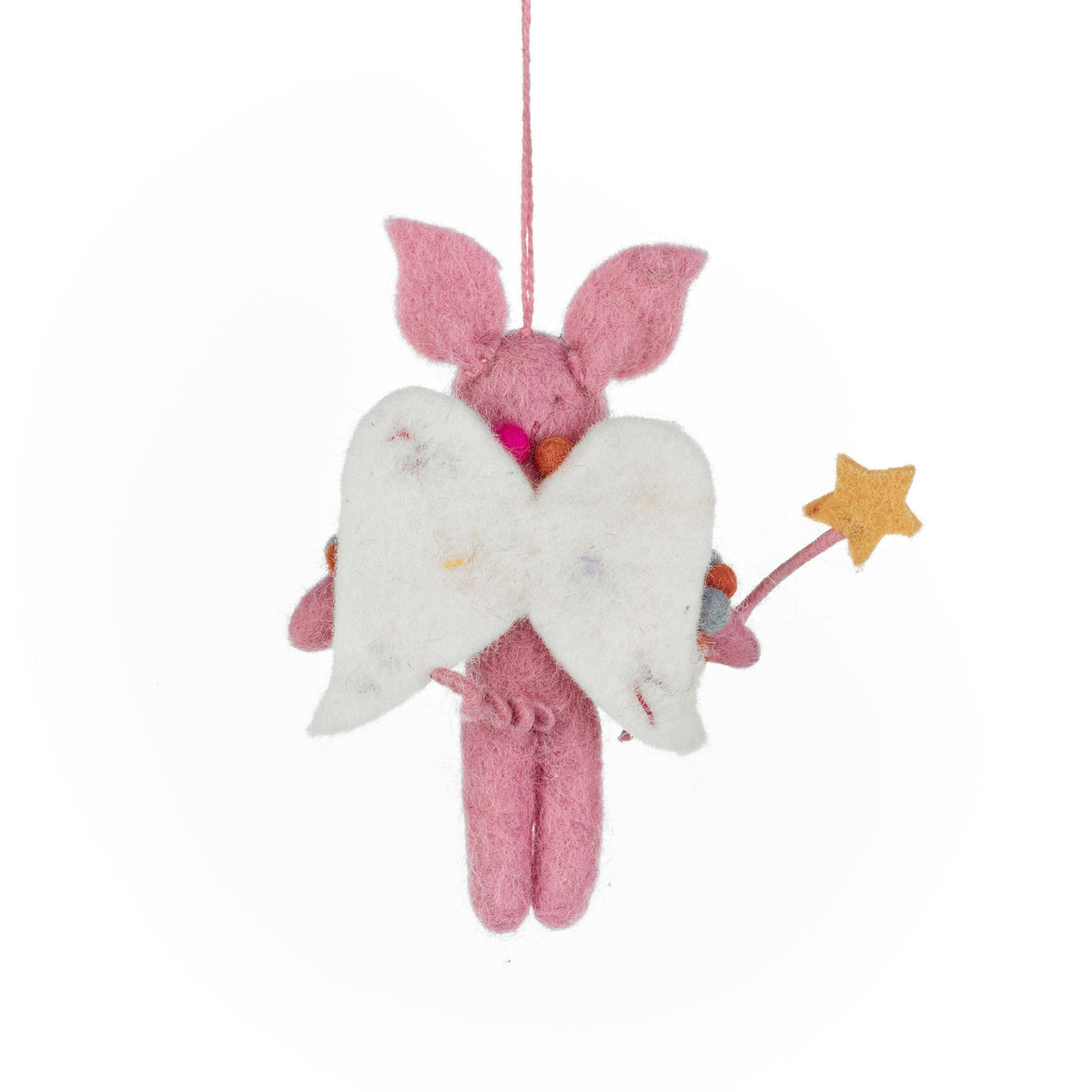 Side view of Penelope Porker hanging felt Christmas fairy ornament